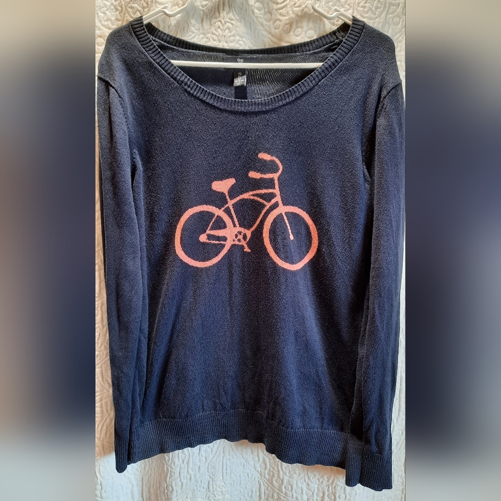 Gap Sweater Womans Large Navy Blue Bicycle Pullover Knit Cotton Casual Preppy